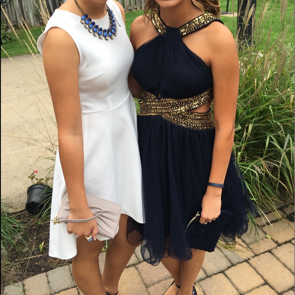 Gorgeous navy blue and gold chiffon dress